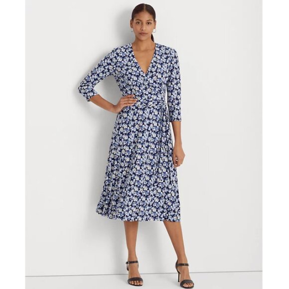 NWT LAUREN RALPH LAUREN Painterly Blue Floral Surplice Jersey Dress Size 10 - Picture 1 of 10